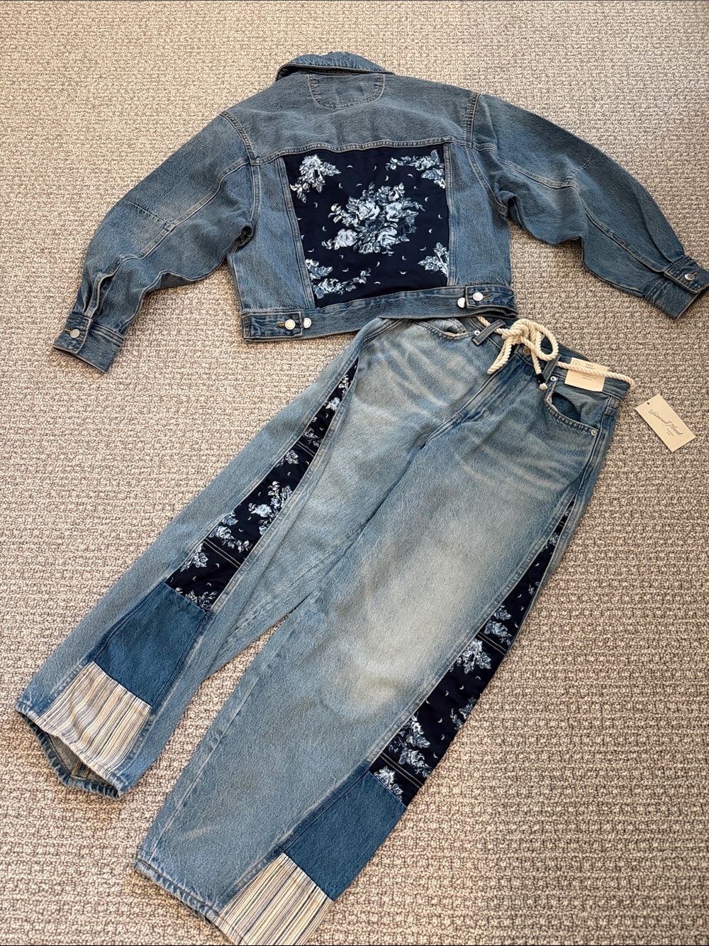 Denim Jeans Jacket Barrel pants Bandanna Patch Floral Blue Universal thread XS 2